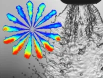 En vannstråle analyseres med et fargekart som viser strømningsmønstre ved siden av.